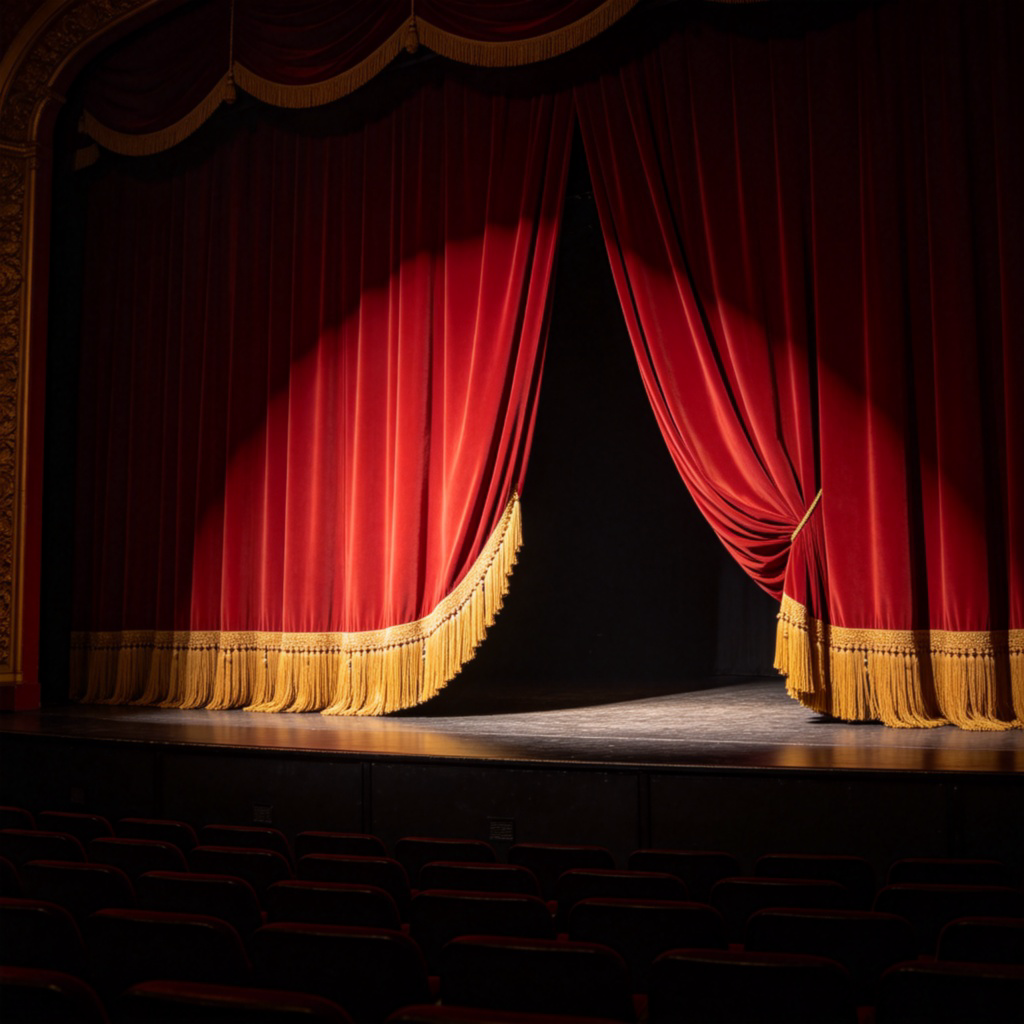 Inside a grand, old theater. The focus is on the deep red, velvet stage curtain with golden tassels at the bottom. It is partially lowered, almost touching the stage floor, after a performance. The stage is dimly lit, and empty theater seats are visible in the dark foreground. Dramatic lighting on the curtain. No text.