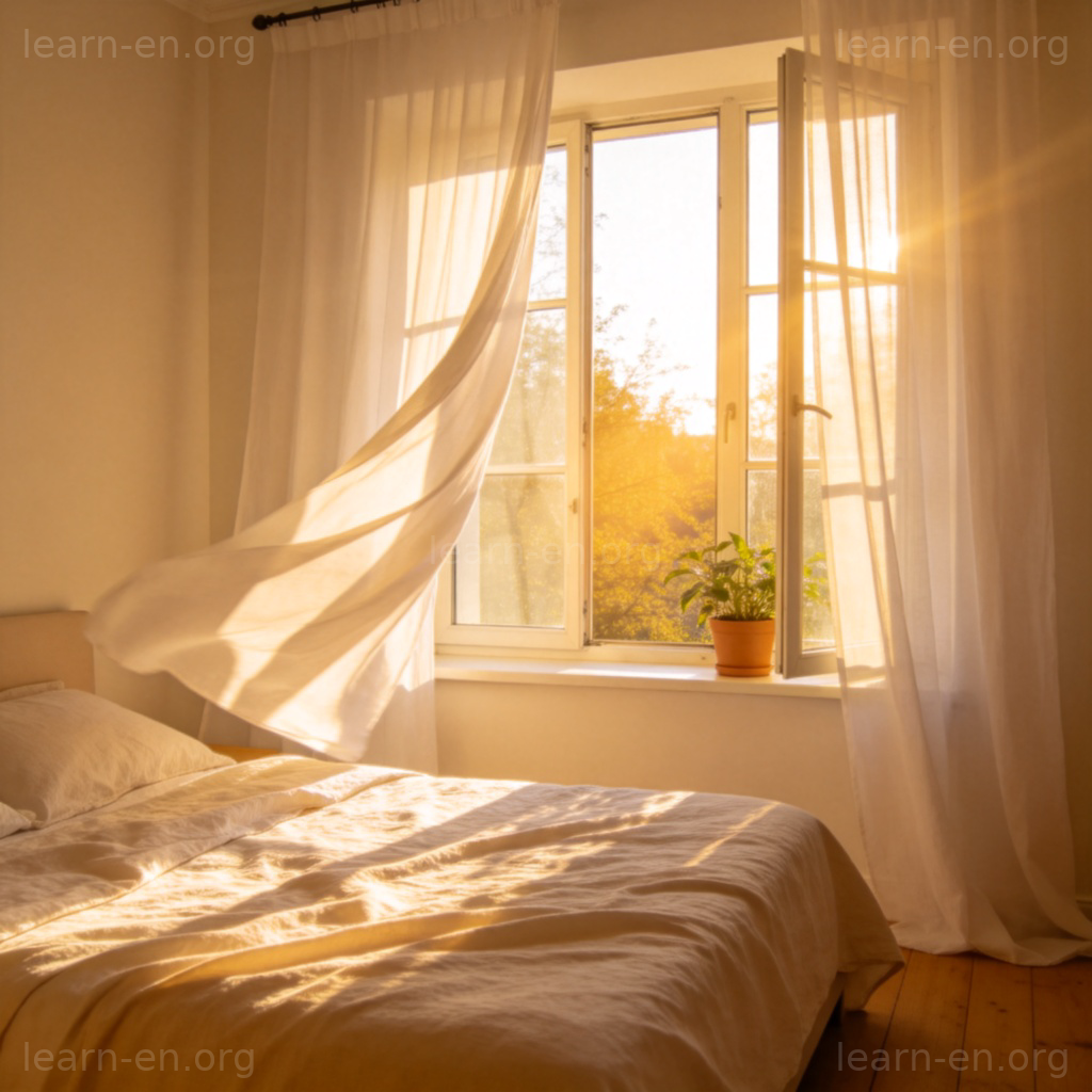 Curtains 窗帘图解：阳光卧室中白色窗帘随风轻拂的场景