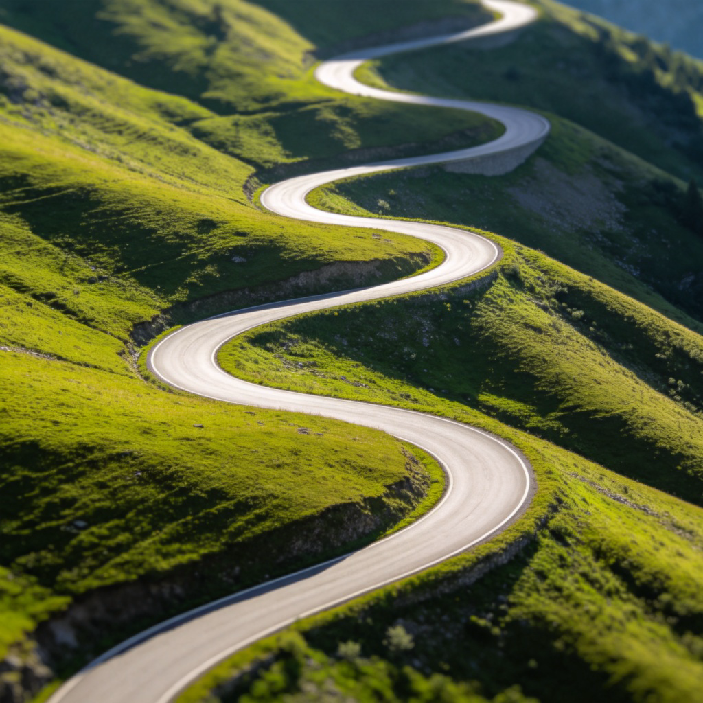A close-up, top-down view of a winding mountain road cutting through green hills, showcasing its smooth, S-shaped curves. Bright daylight, sharp focus on the road's shape against the landscape. No vehicles or text in the image.