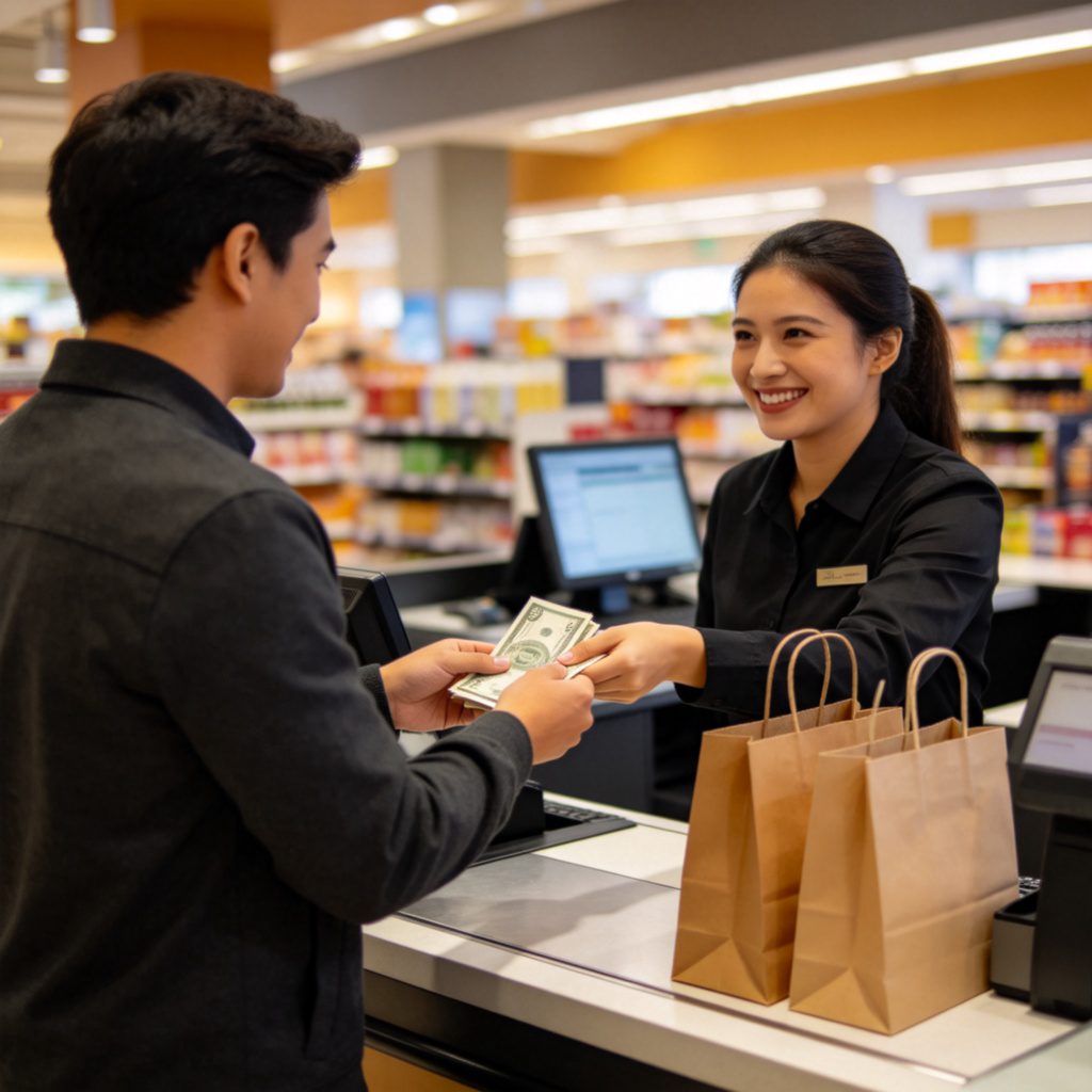A person standing at a modern store checkout counter, handing cash to a smiling shop assistant. Shopping bags are on the counter. Warm indoor lighting, focus on the interaction between the two people. No text, clear and realistic style.