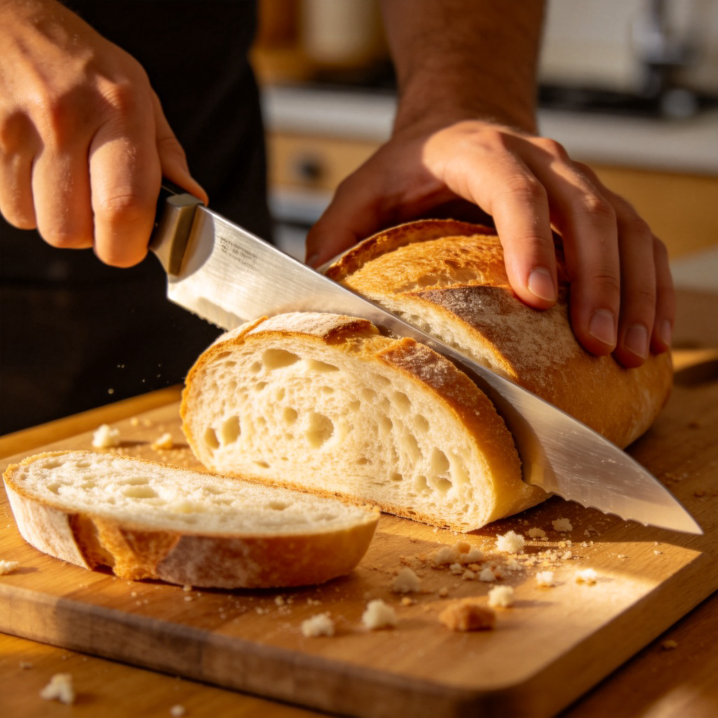 A person's hands using a sharp kitchen knife to slice through a fresh loaf of bread on a wooden cutting board. Crumbs are visible. The scene is well-lit, in a home kitchen setting, focus is on the action of cutting. No text.
