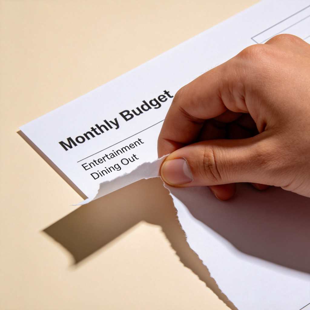 A hand is tearing off the bottom section of a printed paper titled "Monthly Budget", with the words "Entertainment" and "Dining Out" clearly visible on the torn part. The action symbolizes reduction. Plain background, desk setting. No text.