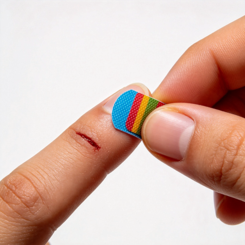 A close-up view of a person's index finger with a small, clean cut on the side. A colorful adhesive bandage is being carefully applied over the cut. Clean background, clinical lighting to show detail. No text.