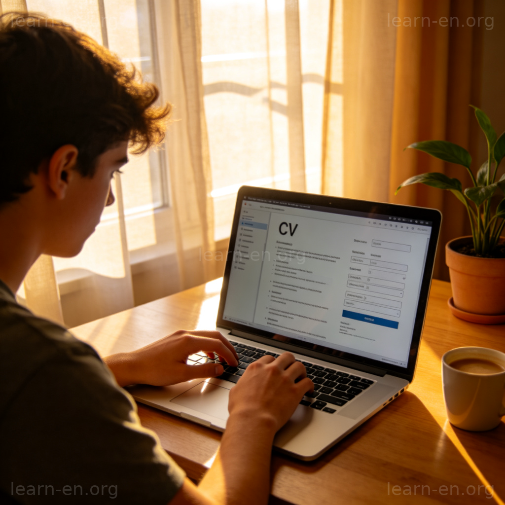 CV简历图解：年轻人在电脑前专注编辑个人简历的场景