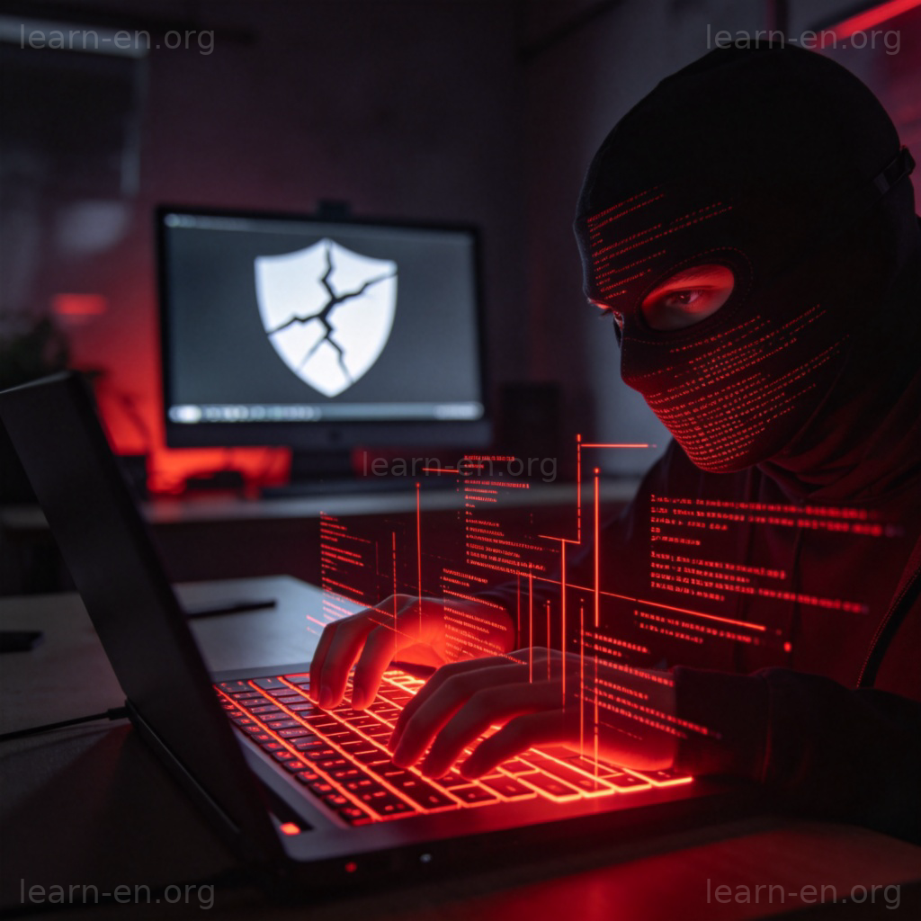 Cyber attack illustration with a masked hacker and cracked shield