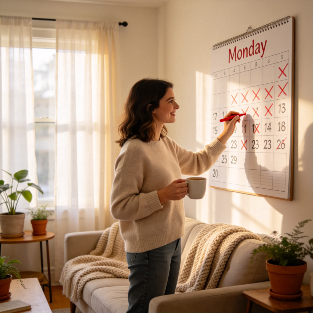 A woman standing in her cozy living room, crossing off a date on a large wall calendar with a red marker. The calendar clearly shows the word "Monday" and the previous days already crossed off. She is smiling, holding a cup of coffee. Soft morning light from a window. No text in the image.