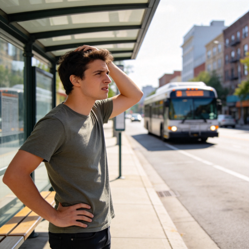 A person in casual clothes standing on an empty bus stop, looking at a departing bus in the distance with a clear expression of frustration and annoyance on their face. They might have one hand on their hip and the other scratching their head. Bright daylight, urban street background. The focus is on the person's emotional reaction. No text.