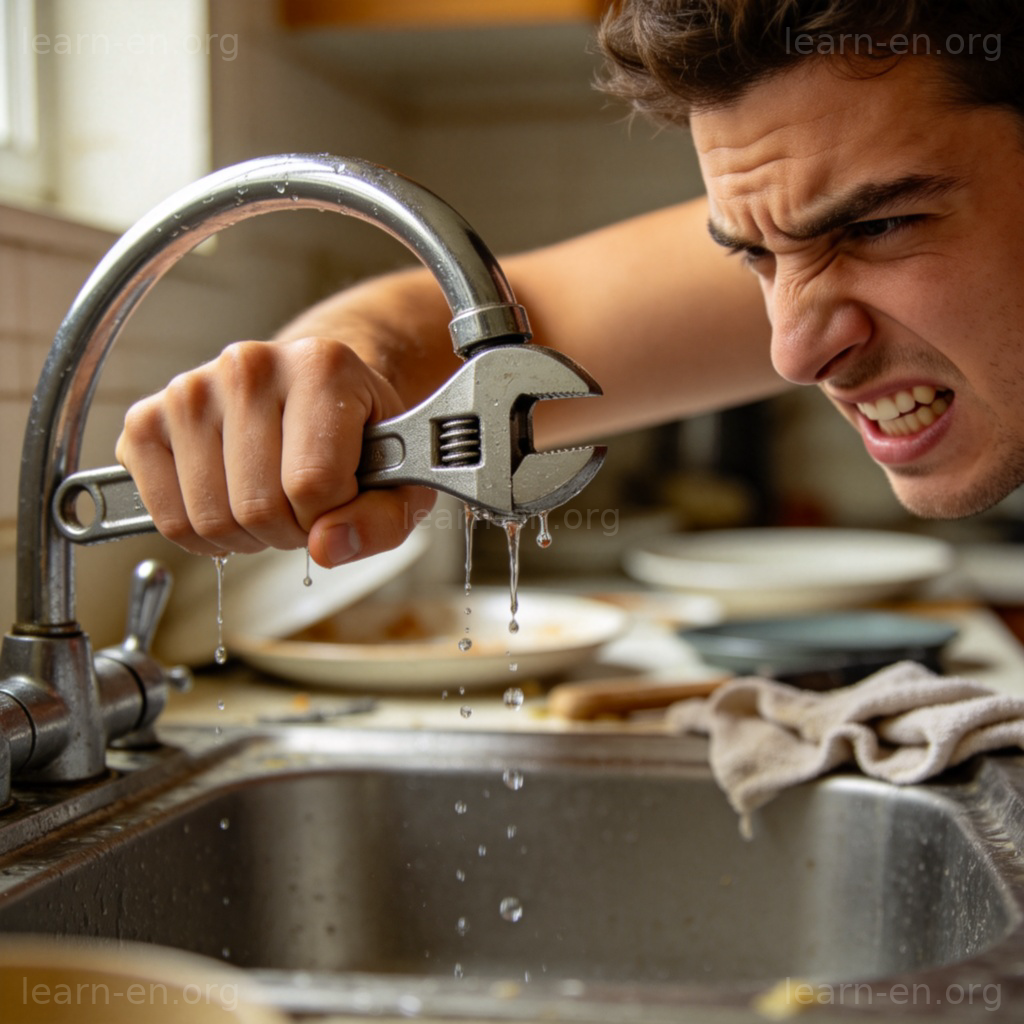 A close-up view of a person's hands trying to tighten a dripping kitchen faucet with a wrench, looking frustrated. Water droplets are visible. The background is a slightly messy kitchen sink. The mood is one of irritation towards the object. Soft, natural indoor lighting. No text.