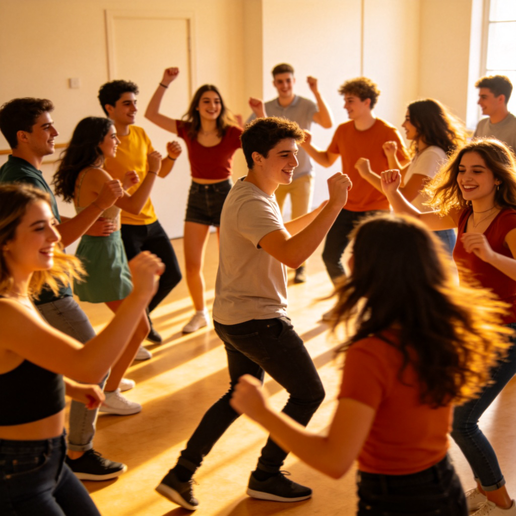 A diverse group of happy young people dancing together in a bright room, following music. They are smiling, moving their arms and legs rhythmically, some in pairs, some in a circle. The focus is on their joyful movement and interaction. Casual clothing, warm lighting, no text.