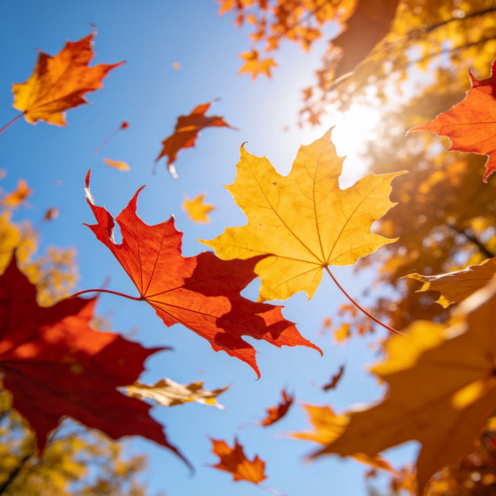 Close-up of colorful autumn leaves gracefully swirling and falling against a clear blue sky. The leaves are caught mid-air, showing their dynamic, dancing motion. Sunlight filters through, creating a warm and natural atmosphere. No text, no people.