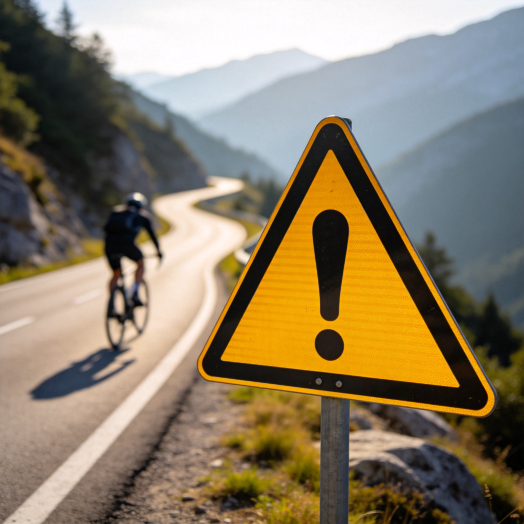 A close-up of a bright yellow triangular warning sign with a black exclamation mark, standing on the edge of a winding mountain road. In the blurred background, a cyclist is cautiously approaching. The sign is the main focus, with clear morning light. Photorealistic style, no text.