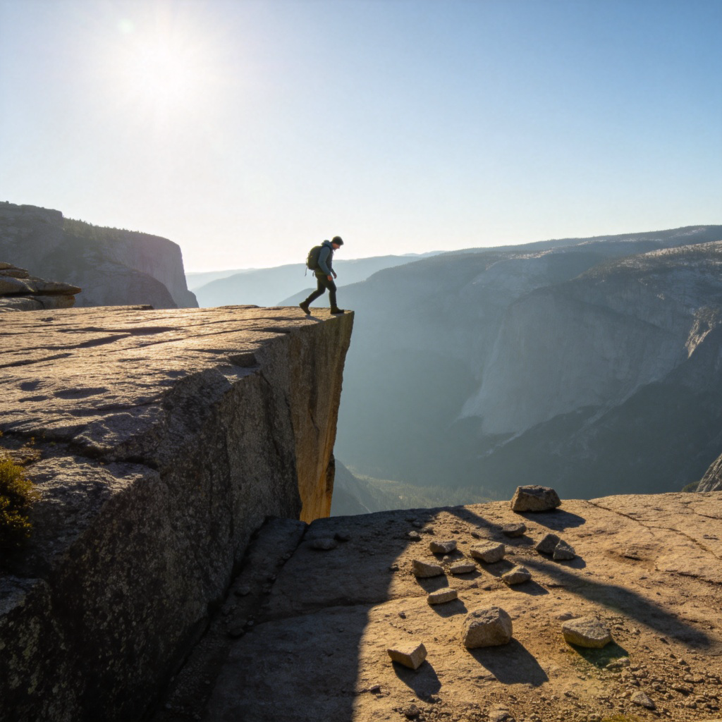 A person is walking carefully on the very edge of a steep cliff, looking down at the rocky ground far below. The scene shows the height and risk clearly. Bright daylight, realistic photography style. No text or logos.