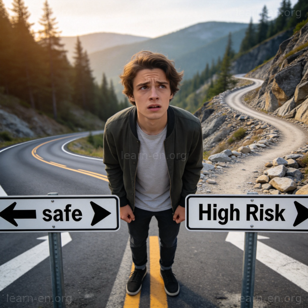 A person looks hesitant and worried, standing at a crossroads with one sign pointing to a safe, paved road and another pointing to a rocky, winding mountain path labeled "High Risk". Realistic style, focused on the person's expression and the signs. No text.