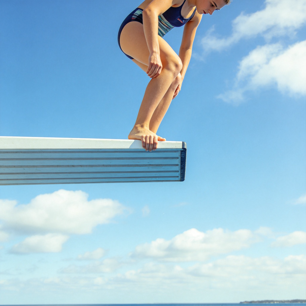 A person is standing at the edge of a high diving board, looking down at the water below, hesitant but preparing to jump. Blue sky in the background, focused on the person's decision-making moment. No text.