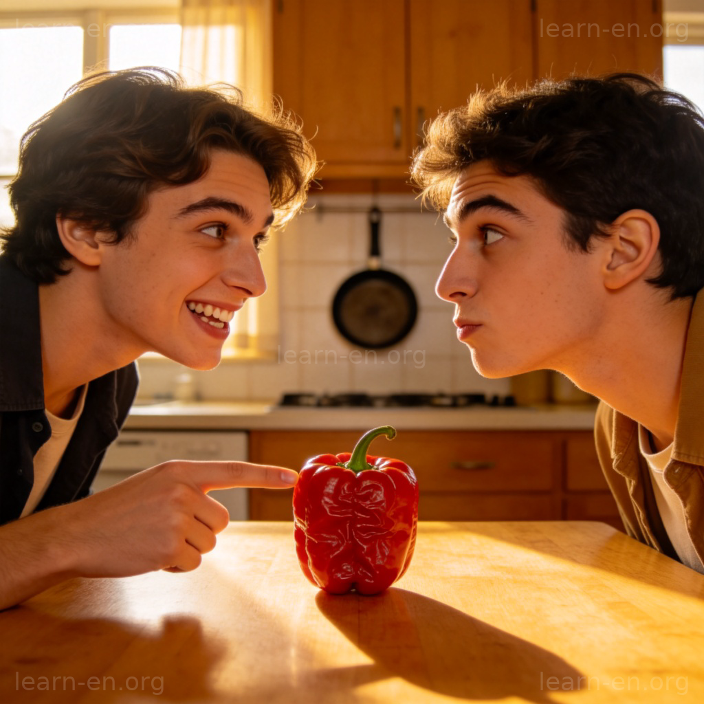 Two friends are standing face to face in a kitchen. One points at a very spicy-looking chili pepper on the table, with a mischievous smile, as if saying "I dare you to eat it." The other friend looks hesitant. Warm, natural lighting. No text.