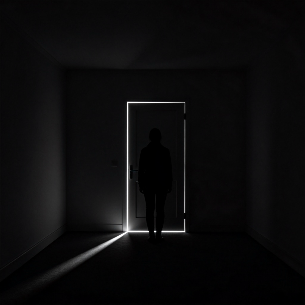 A completely dark room with no lights on. The only visible light is a thin line coming from under a closed door, outlining its shape. A person's silhouette stands in the center of the room, barely visible. The atmosphere is quiet and still. Photorealistic style, high contrast, no text.