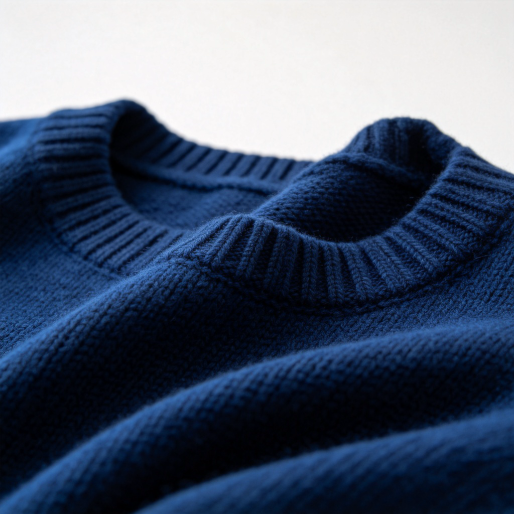 A close-up, detailed photo of a dark blue sweater hanging on a plain, light-colored background. The texture of the wool is clear and distinct. The color is a rich, deep blue that is clearly different from a light blue. Soft, even studio lighting. No people, no text, just the garment.
