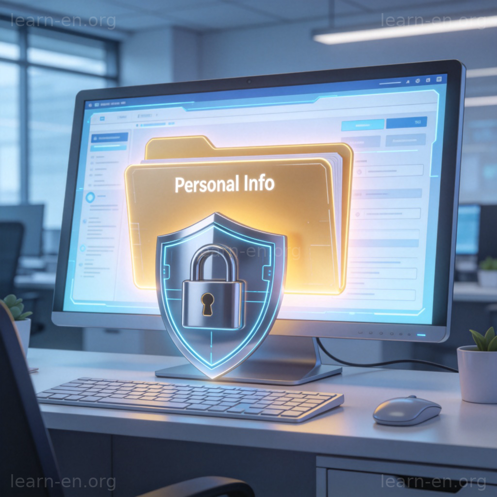 Data Protection 图解：现代办公室电脑屏幕上，数字锁与盾牌守护着标记为‘个人信息’的发光文件夹