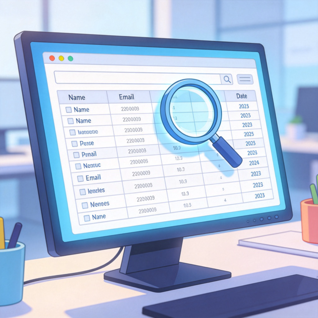 A close-up view of a modern computer screen showing a simple spreadsheet or table filled with sample data like names, emails, and dates. A magnifying glass icon is hovering over the screen, symbolizing search. The background is a blurry, modern office desk. Style: clean, digital illustration, bright and clear. No text or logos visible on the screen.