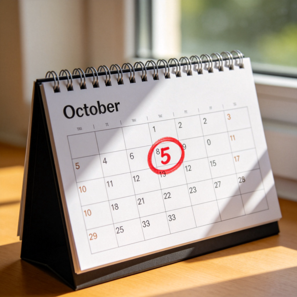 A clean, close-up image of a modern desk calendar. A specific date, like "October 5", is circled in bright red marker. The rest of the month is visible but out of focus. Natural light from a window falls on the paper. No people, no text other than the calendar numbers and month name.