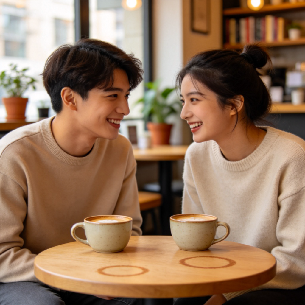 A friendly scene of two young people on a date in a cozy café. They are smiling and talking across a small table, with cups of coffee in front of them. Soft lighting, warm background. Focus is on their positive interaction, no text.