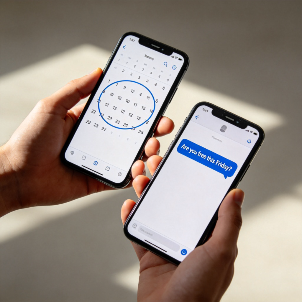 A close-up shot of two hands holding smartphones. One phone screen shows a calendar app with a day circled, and the other shows a text message bubble that reads "Are you free this Friday?" implying planning to meet. The background is neutral. No faces, no explicit text beyond the example.