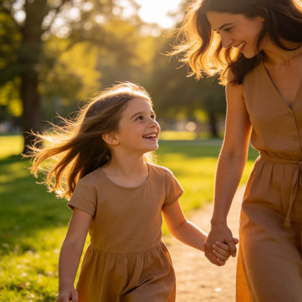 A young girl, around 7 years old, smiling brightly as she holds hands with her mother while walking in a sunny park. The girl wears a simple dress, and her mother is looking down at her with affection. Green grass and trees in the background, natural daylight, focus on their connected hands and happy expressions. No text or logos in the scene.
