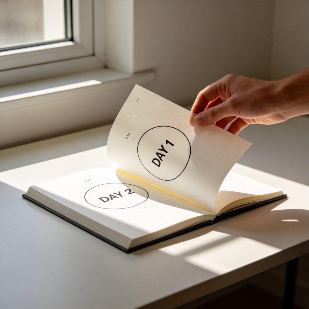 A clean, modern calendar is open on a desk. One page is marked "DAY 1" with a circle, and a hand is in the process of turning the page to reveal "DAY 2". Soft morning light comes from a nearby window, illuminating the paper. No text except the calendar numbers and labels.