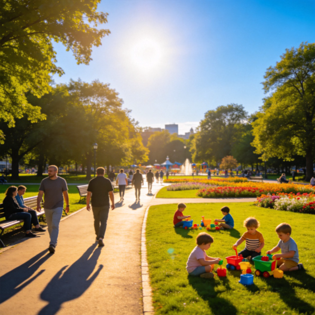 A bright, cheerful scene in a city park during daytime. People are walking, children are playing on the grass, and the sun is high in a clear blue sky, casting distinct shadows. The overall feeling is warm and full of light.
