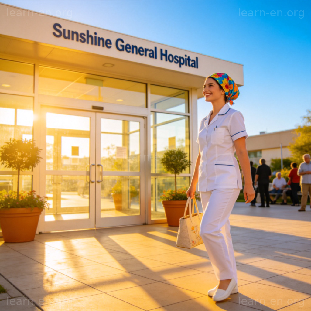 Day Shift 白班图解：护士在阳光明媚的医院门口准备上班