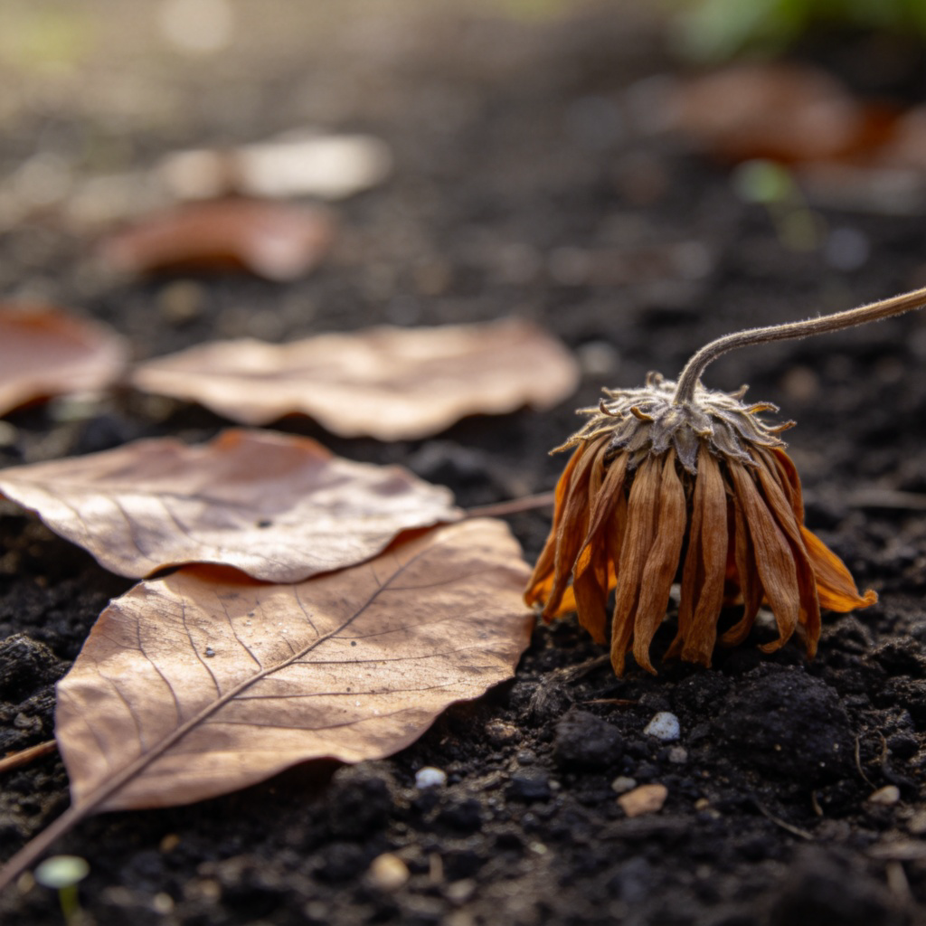 A close-up of dry, brown fallen leaves lying on dark soil next to a wilted, drooping flower with brown petals. The scene should convey stillness and lack of life. Soft morning light. No text or living animals in the frame.