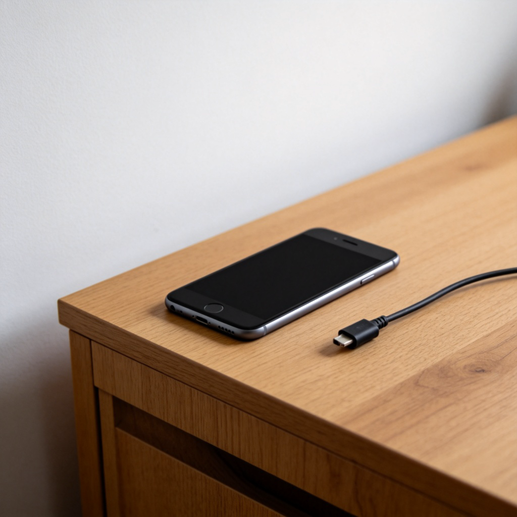 A modern smartphone lying on a wooden desk, its screen completely black and unlit. A disconnected charger cable lies next to it. The background is a plain white wall. The overall mood is still and inactive. No text on the screen.