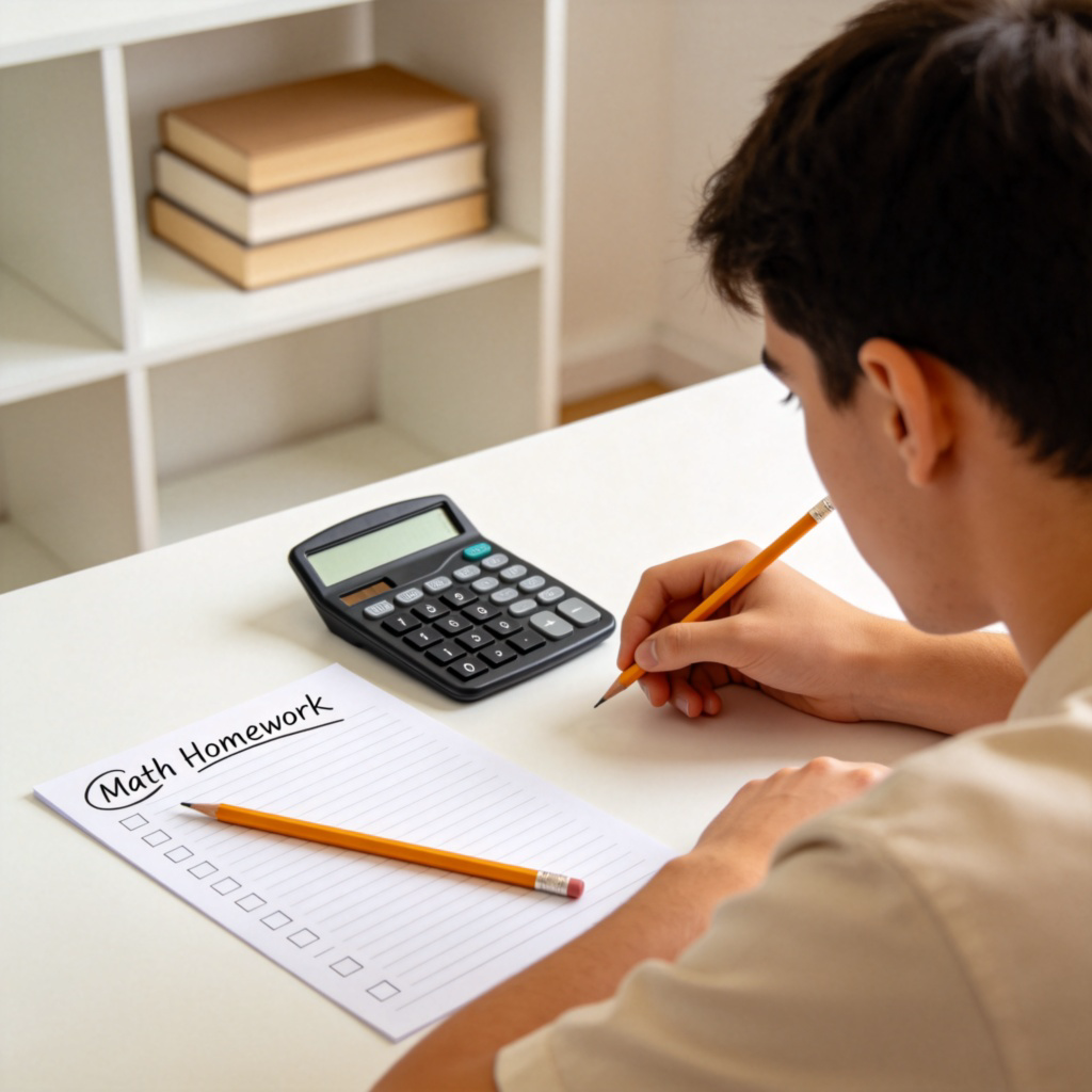 A focused young adult, sitting at a tidy desk, looking at a calculator and a to-do list with the item 'Math Homework' circled. They hold a pencil, ready to start. The background is a simple, clean bookshelf. Natural light from a window. Close-up on hands and the list. No text, logos, or numbers.