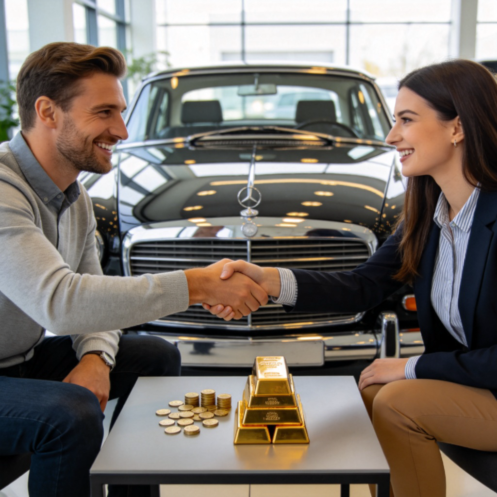 Two businesspeople in casual smart attire, one man and one woman, smiling and shaking hands in front of a classic, polished car. Coins and a small stack of gold bars are on a table between them, symbolizing the exchange. Bright, natural lighting in a modern showroom setting. Focus on the handshake and the goods. No text or logos.