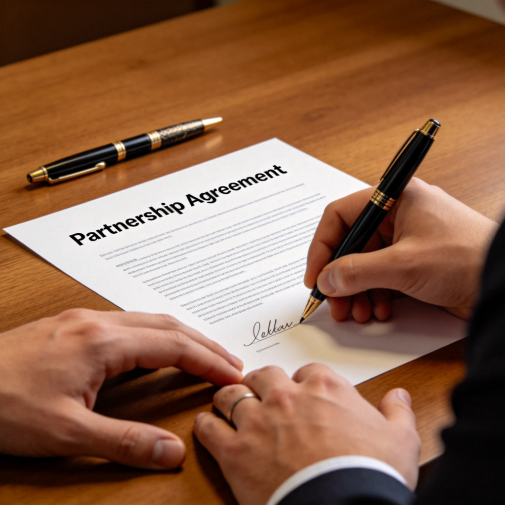 A close-up view of two hands signing the bottom of an official-looking document titled 'Partnership Agreement' on a wooden desk. A fancy pen lies next to the paper. The atmosphere is professional and conclusive. Soft office lighting, focus on the signing action and the document title. No visible faces or logos.
