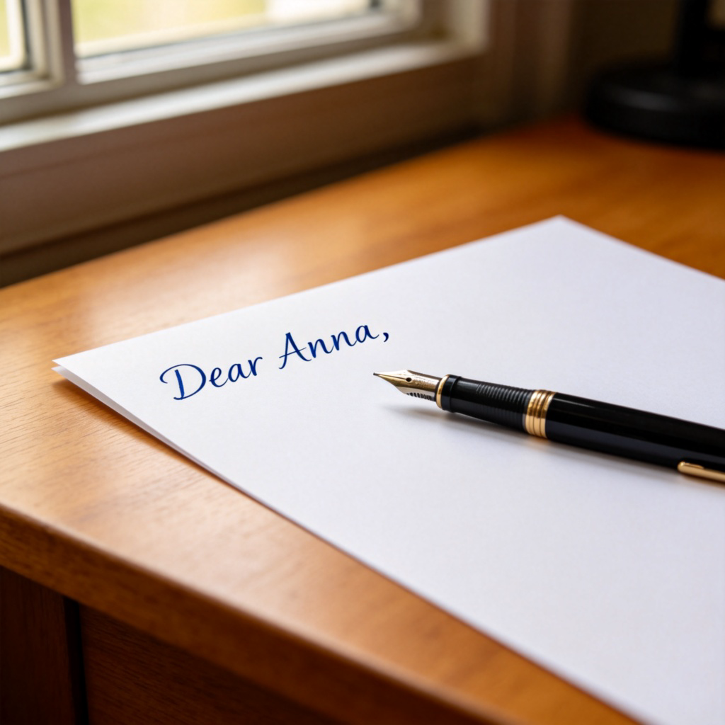A close-up of a handwritten letter on a wooden desk. The paper is crisp and white, and the only visible words are "Dear Anna," written in neat blue ink at the top left. A fountain pen lies beside the letter. Warm, natural lighting from a window. No other text or logos.