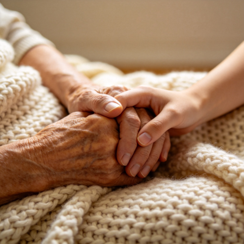 A close-up photo of two pairs of hands, one older and one younger, warmly clasped together on a knitted blanket. The focus is on the connection and gentle touch. The background is softly blurred and neutral. The image conveys deep care and affection between family members.