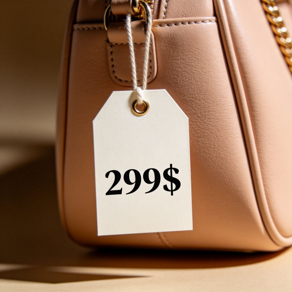 A clear, close-up view of a price tag hanging from a luxurious item, like a soft leather handbag or a piece of fine jewelry. The price on the tag shows a high number (e.g., $299). The background is simple and out of focus, directing all attention to the item and its high price. No text besides the numbers on the tag.