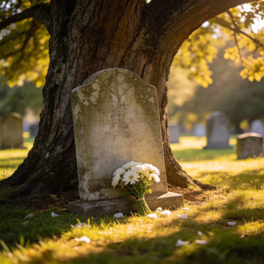 A peaceful scene in a quiet garden cemetery: a single, weathered gravestone under the shade of an old tree, with a small bouquet of fresh white flowers placed gently at its base. The sunlight filters through leaves, casting soft shadows on the grass. The focus is on the gravestone and flowers, symbolizing the end of life in a calm, natural setting. No text, numbers, or people visible.