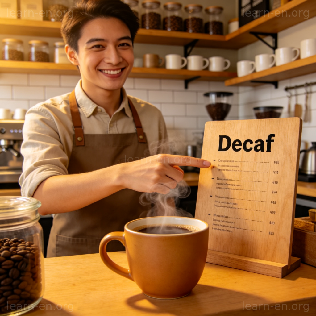 Decaf 脱因咖啡图解：咖啡师指向菜单上的低因选项