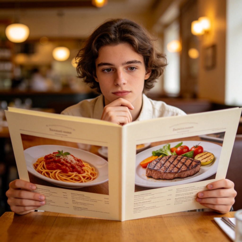 A person sitting at a table in a cozy restaurant, holding a large menu with a thoughtful expression. Two different dishes are pictured on the menu in front of them. Soft lighting, focus on the person's face and the menu choices. No text.