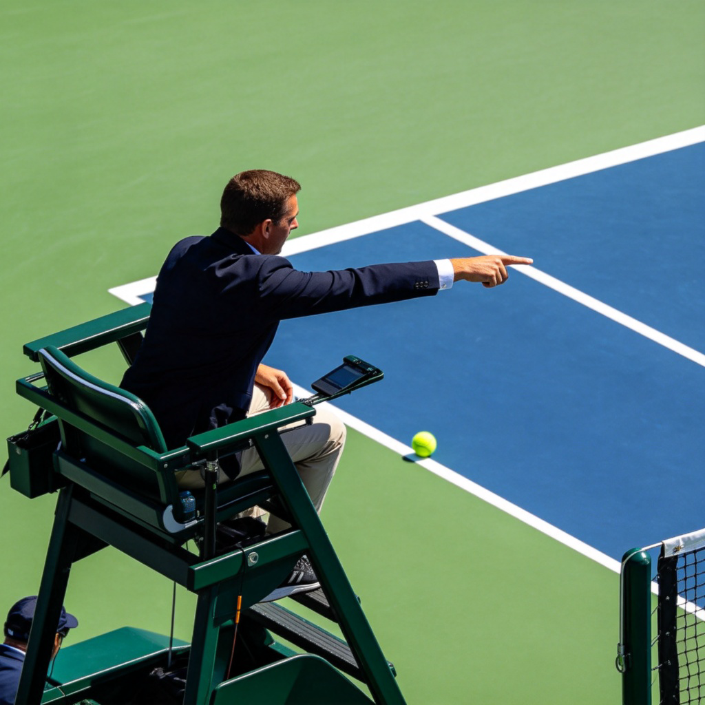 A tennis referee in a chair, wearing official attire, pointing decisively to the sideline to indicate a ball was out. The action is frozen mid-point, with a tennis ball visible just outside the line. Bright court lighting, focus on the referee's gesture. No text.