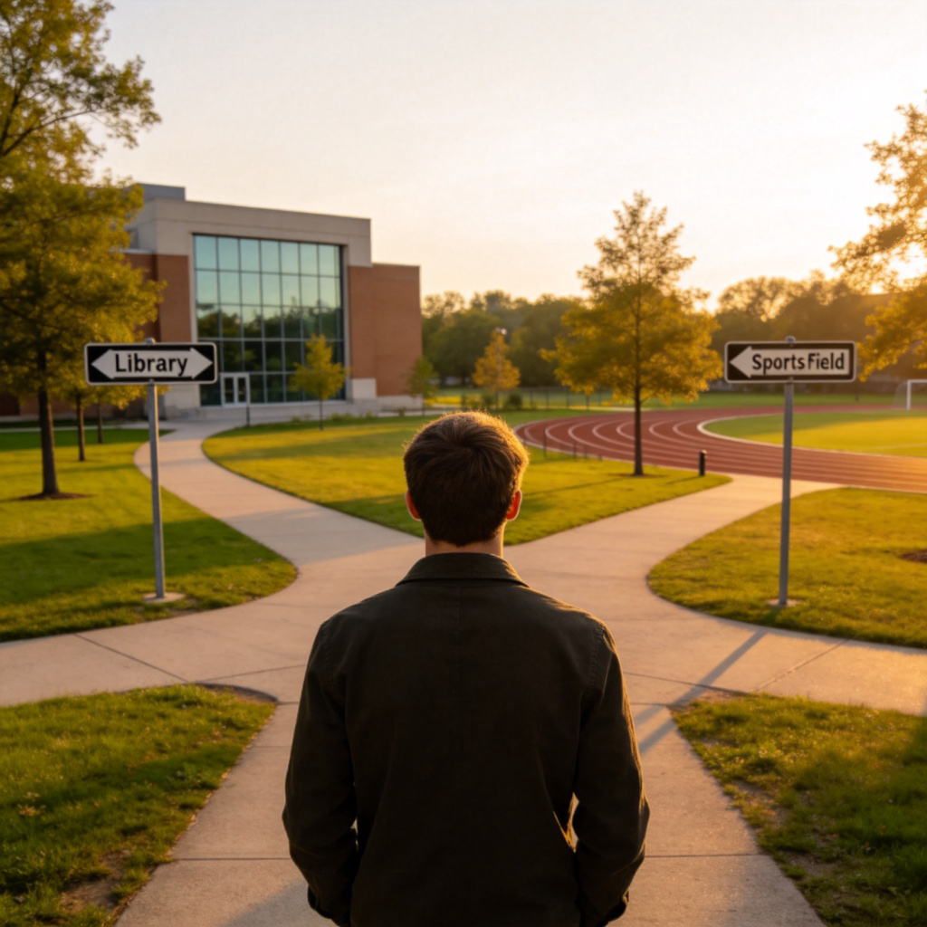 A person standing at a crossroads in a park, looking thoughtfully at two different paths. One path leads to a library, the other to a sports field. The person is shown from behind, with a focused posture. Daylight, clear signage. No text in the image.