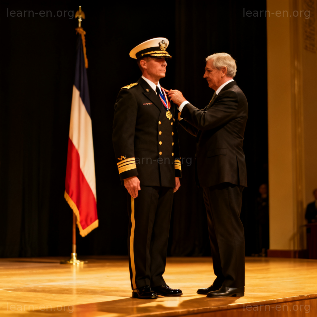 Military officer receiving a medal during a ceremony