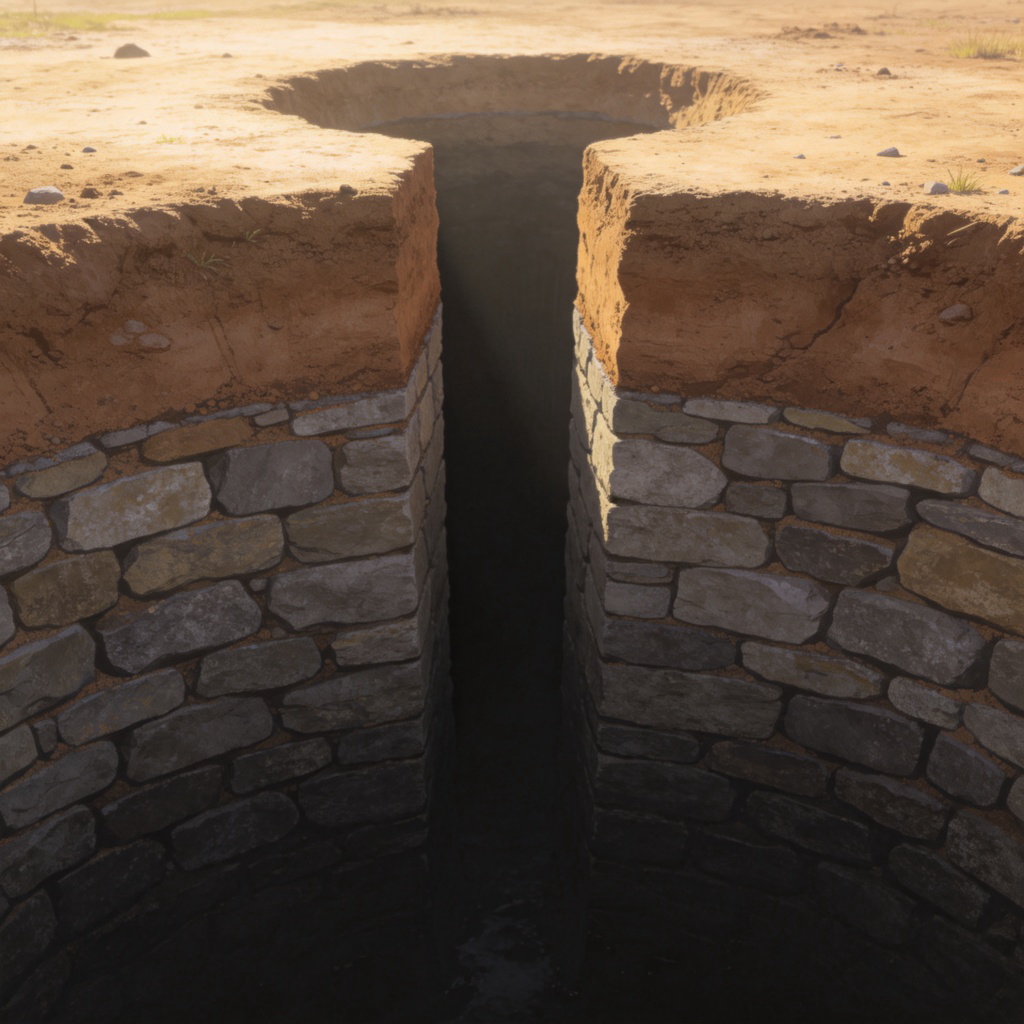 A cross-section view of a deep, narrow well or a hole in the ground, showing the long vertical drop from the bright surface down into darkness. Simple earth and stone textures, side view, clear contrast between light top and dark bottom. No text.