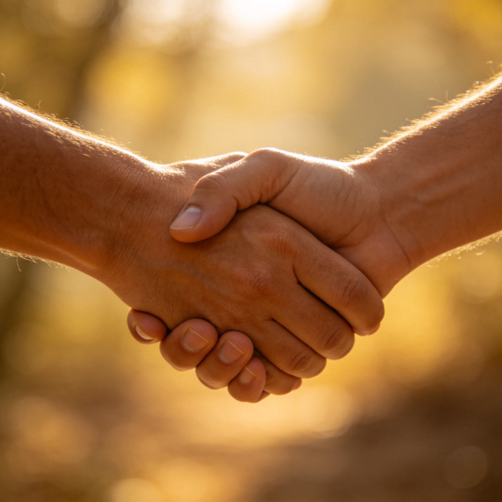 A symbolic image of two hands reaching out and warmly clasping each other in a strong, supportive handshake. Focus on the connection point, soft background, conveying trust and deep connection without showing faces. No text.