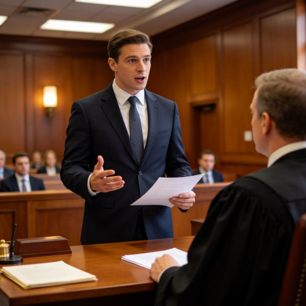 defend 辩护含义图解：律师在法庭上为当事人辩护