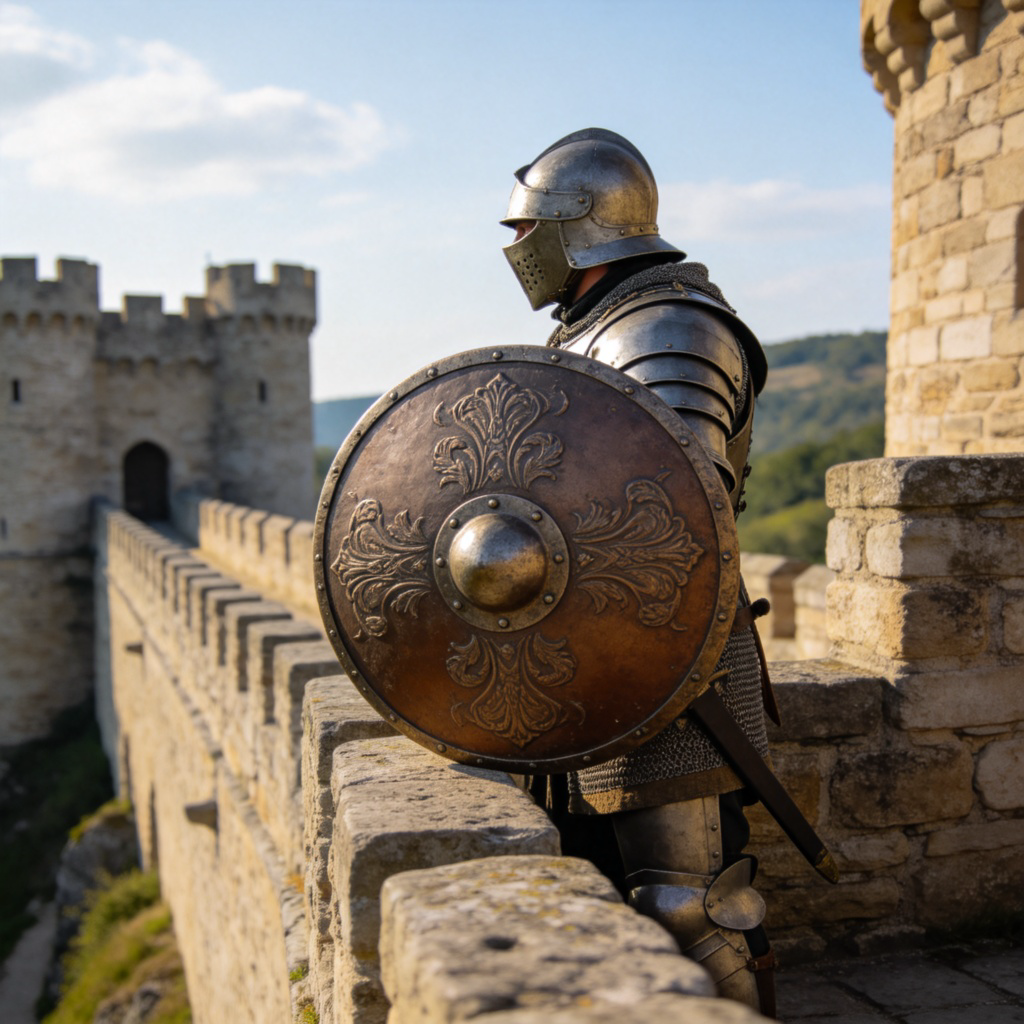A soldier in historical armor, standing firm on a castle wall, holding a large shield in front of him, facing outward as if expecting an attack. The shield is prominent and detailed. Bright daylight, clear focus on the soldier and shield. No text.