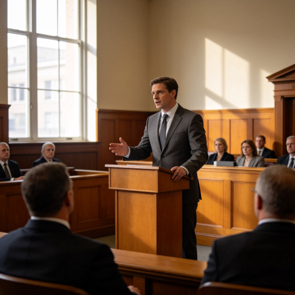 A courtroom scene, focusing on a defense lawyer standing confidently behind a podium, gesturing with one hand while addressing the judge and jury. The lawyer wears a suit, and the scene feels formal and focused on their speech. Natural lighting from windows. No text.