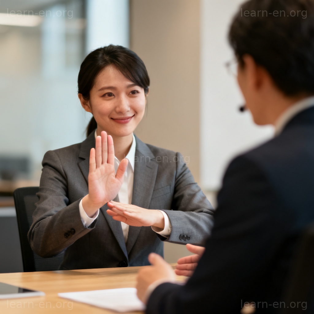 Deflect meaning shown as a person politely avoiding a direct question in a meeting.